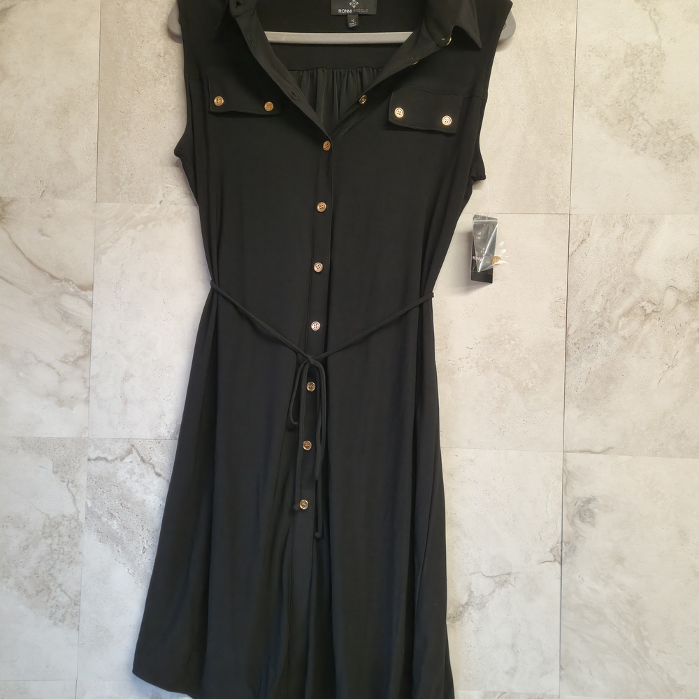 Ronni Nicole Black Sleeveless Button-Front Midi Dress with Waist Tie